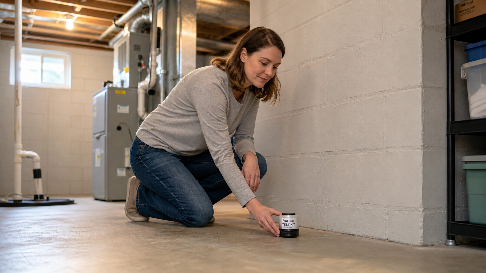 A women is shown testing for radon in her home